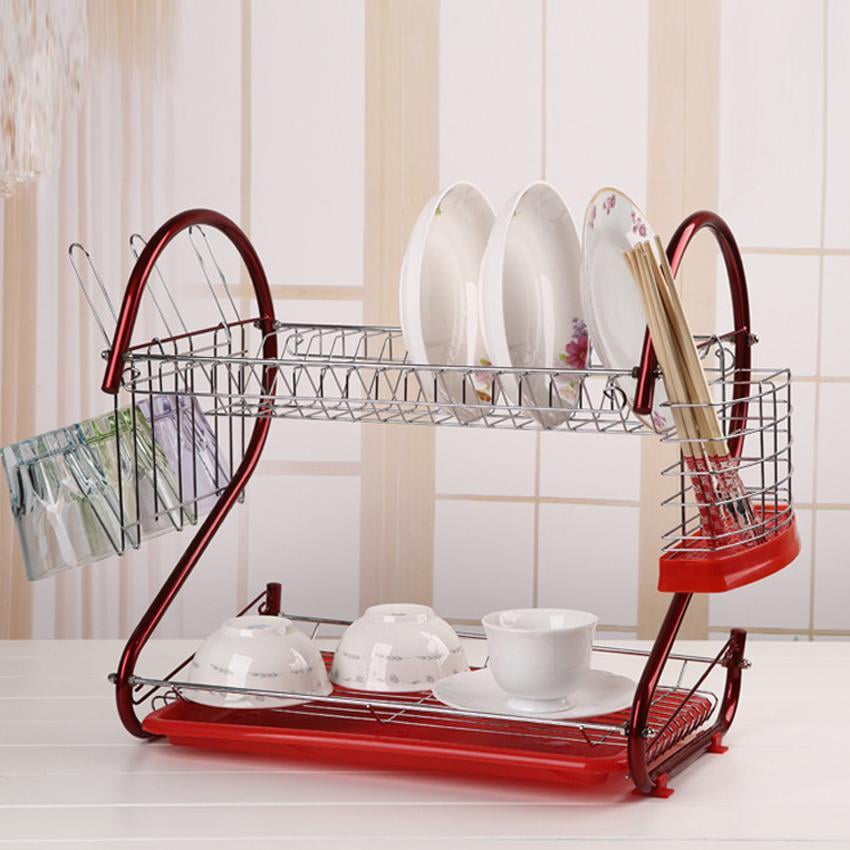 Dish Drying Rack 2-Tier Dish Rack with Drainboard Cutlery Cup Stainless Steel Drainer... by