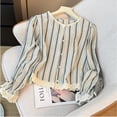 thumbnail image 2 of Ladies Lace Striped Long Sleeve Blouse Crew-neck Single Breasted Loose Version, 2 of 9