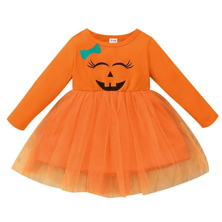 

GWAABD Summer Clothes for Girls Orange Cotton Blend Kids Toddler Child Girls Hallowmas Long Sleeve Pumpkins Print Party Tulle Dress Clothes 3Y