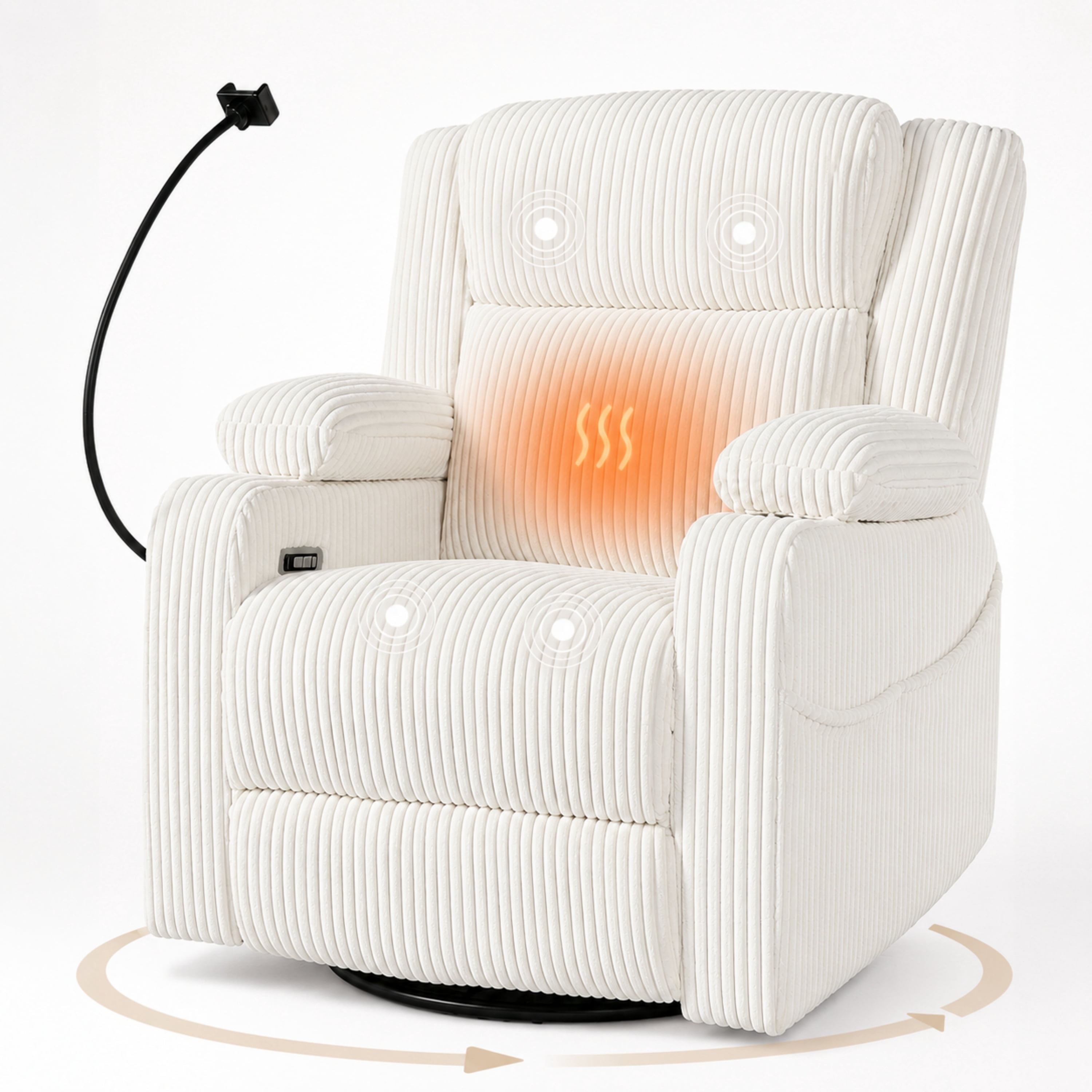 Mintazer Electric Power Recliner Chair with Heat & Massage, 270°Swivel Rocker Recliner with Phone Holder & USB and Hidden Storage for Living Room, Beige