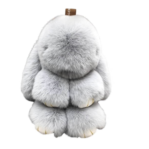 Llavero de conejito con una exquisita caja. Llavero de conejito de peluche hecho a mano con pompón suave, para amigos, novias y familiares (gris claro).