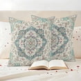 thumbnail image 3 of Beige Teal Boho Outdoor Waterproof Pillow Covers, Medieval Vintage Ethnic Floral Abstract Decorative Square Throw Pillowcase Sofa Cushion Sham for Patio/Couch/Chair, 26"x26" 2 Pack, 3 of 8