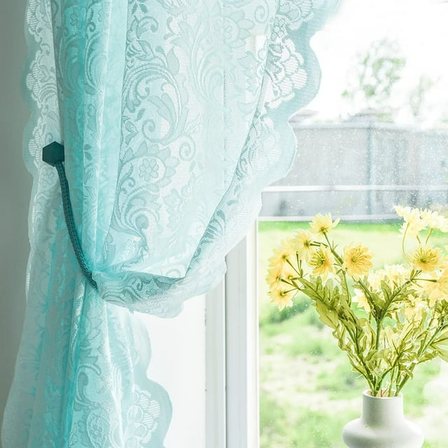 Cortina ALIGOGO de encaje transparente de color verde menta, 132 x 160 cm, 2 paneles