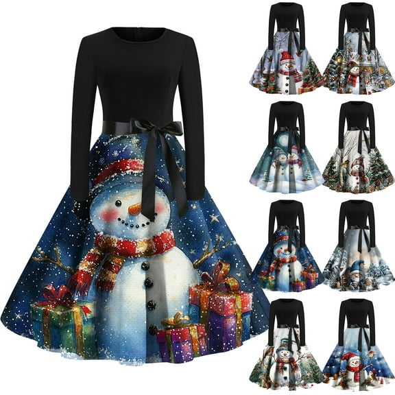 Christmas Dresses for Women Christmas Print Flare Dress For Women Long Sleeve Dress Hollow Party Casual Dresses with Round Neck for Christmas Party,Royal Blue,3XL