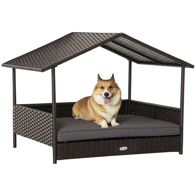 Wicker Pet House Dog Bed for Indoor/Outdoor Rattan Furniture with Cushion