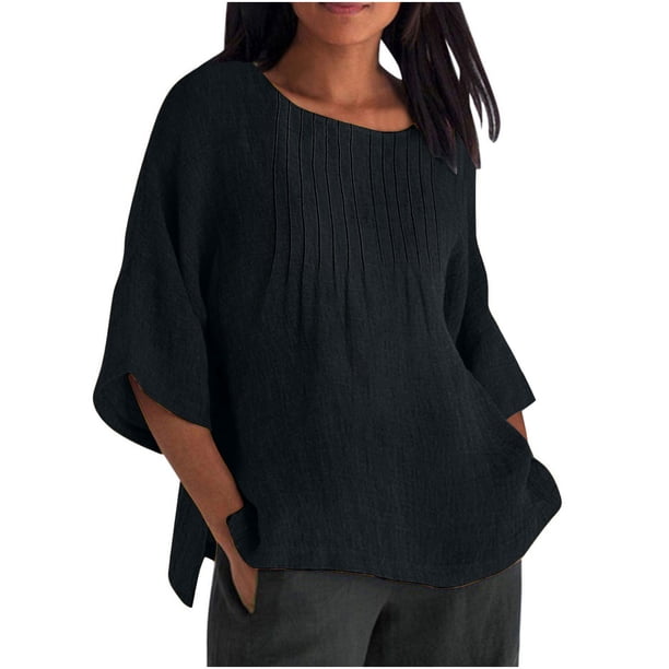 Vestidos Casuales Para Mujer, Blusas De Mujer De Moda Blusa holgada de verano para mujer, con mangas 3/4, plisada y cuello redondo, de imitación de lino