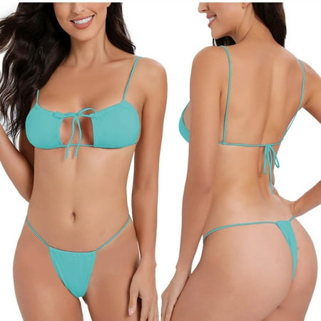 Arnsht Women 2Pcs Halter Neck Bra Tops Thong Micro Bikini Set Sexy Swimwear Beachwear Swimsuit Extreme Lingerie Bathing Suit Light Blue M