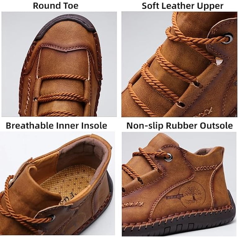 Leather Mens Boots Hand Stitching Lace Up Casual Shoes Fashionable Ankle Size 7 Handmade Mens Wingtip brogue ankle leather boots,Men lace up  main image 4