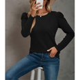 thumbnail image 2 of Women Puff Sleeve Shirts Pure Color Round Neck Waffle Knit Top Elegant Casual Long Sleeves T Shirt Black M, 2 of 4