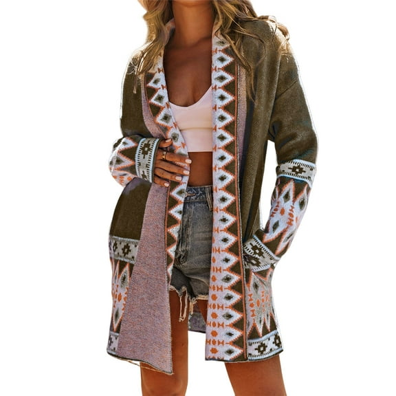 Cardigan for Women Long Sleeve Contrasting Color Print Open Front Knit Oversized Cardigan Brown XL