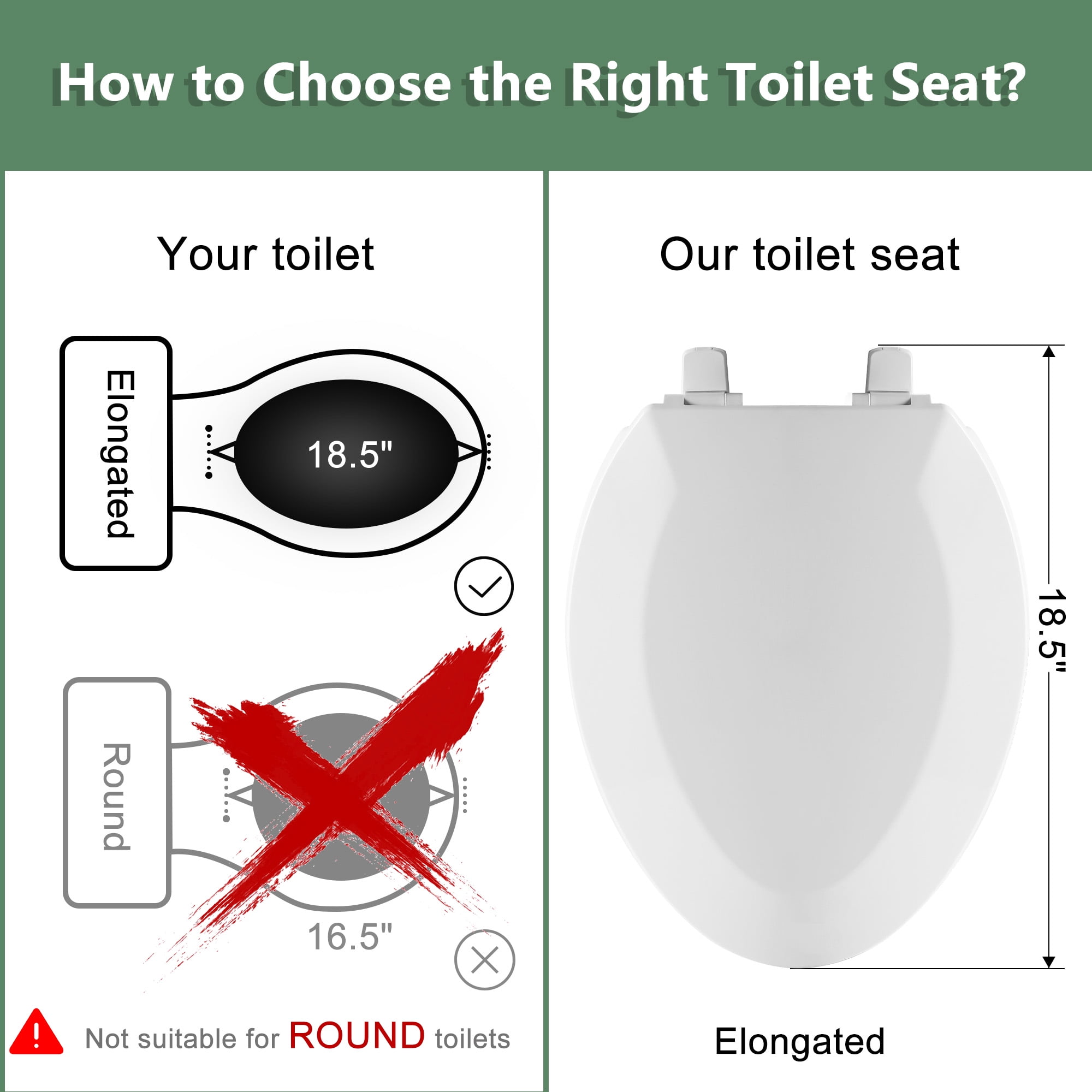 Angol Shiold Elongated Toilet Seat - Slow Close Hinges, Ergonomic Design with Grip-Tight Bumpers, Safe Easy-Clean PP Material , Fit 18.5" Elongated toilet seat, White