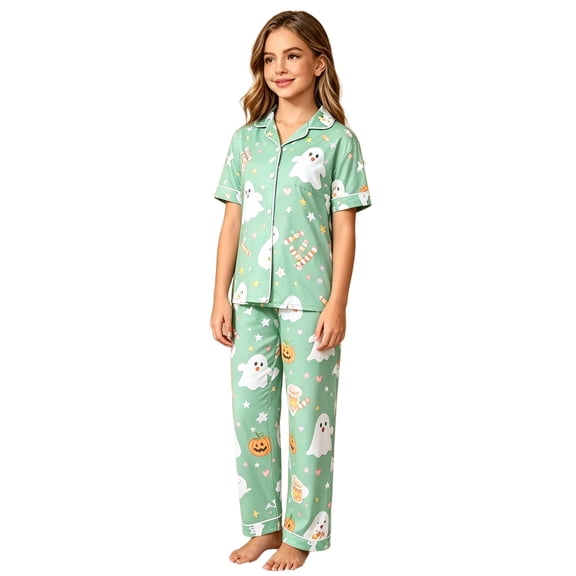 CAIVO Kids Halloween 2 Piece Pajama Sets Short Sleeve Lapel Button Down Shirts Blouse Tops With Pants Girls Autumn Casual Home Wear Loungewear