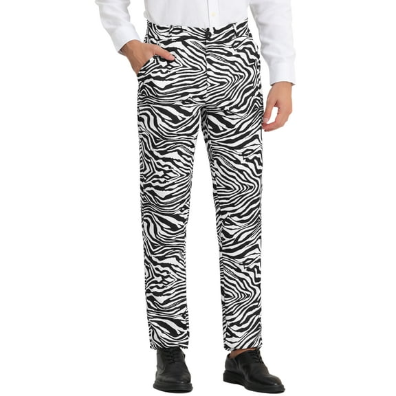 INSPIRE CHIC Men's Pants Snake Print Regular Fit Flat Front Elastic Waist Pants 30 Zebra Print