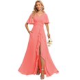 thumbnail image 1 of Vestido de dama de honor Deamify, largo, de gasa, coral, cuello en V 2025, 1 of 8