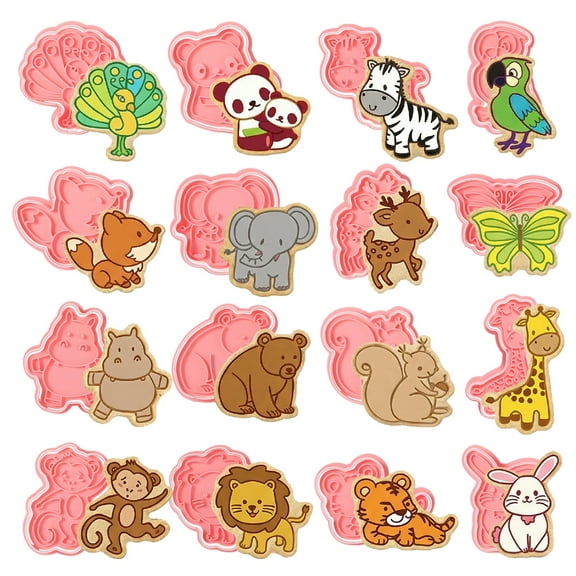 Topekada 16 Pcs Animal Cookie Cutters with Plunger Stamps Set, 3D Jungle Animal Cookie Plunger Stamps, Embossing Clay Cutters for Birthday Party Biscuit Fondant Cheese Baking