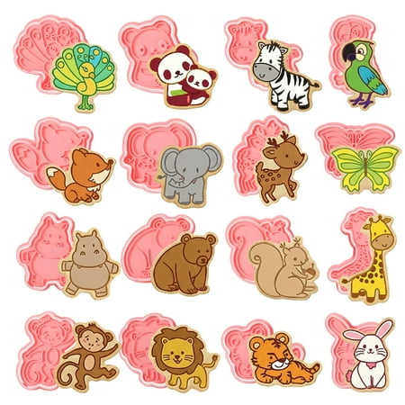 Topekada 16 Pcs Animal Cookie Cutters with Plunger Stamps Set, 3D Jungle Animal Cookie Plunger Stamps, Embossing Clay Cutters for Birthday Party Biscuit Fondant Cheese Baking