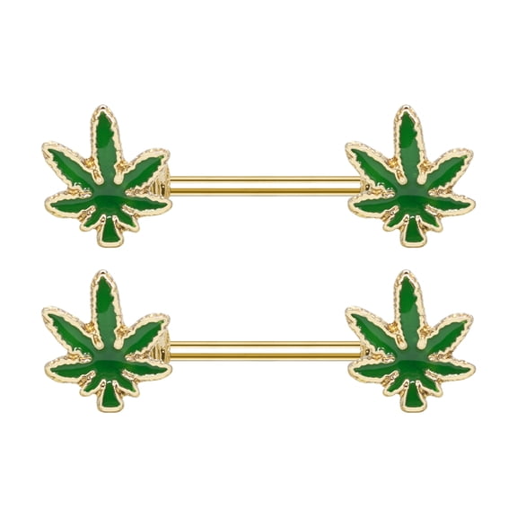 Pierce2GO 2 Pcs 14G Gold Marijuana Leaf Nipple Rings Piercing Women Nipple Rings - 9/16" Barbell (Green)