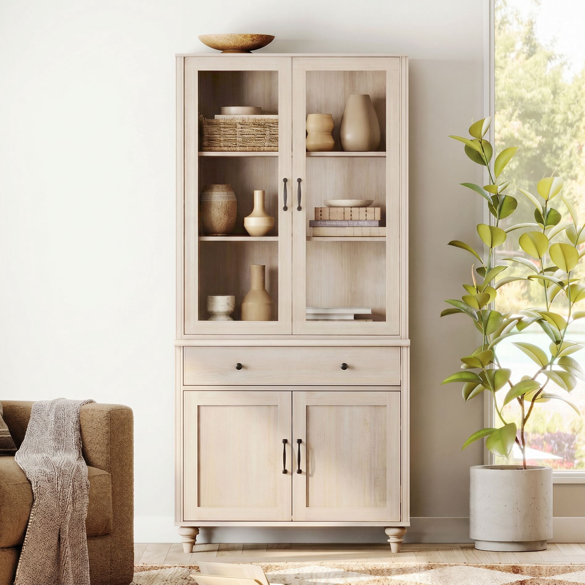 72"H × 34"W 5-Tier Farmhouse Wooden Library Bookcase with Glass Doors & Spacious Storage Cabinet, Freestanding Bookshelf for Living Room, Office & Kitchen, Beige