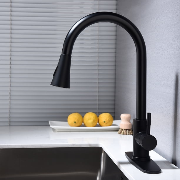 High Arc Kitchen Faucet With Pull-Down Sprayer – Brass Single-Handle, 360° Swivel, Black Finish