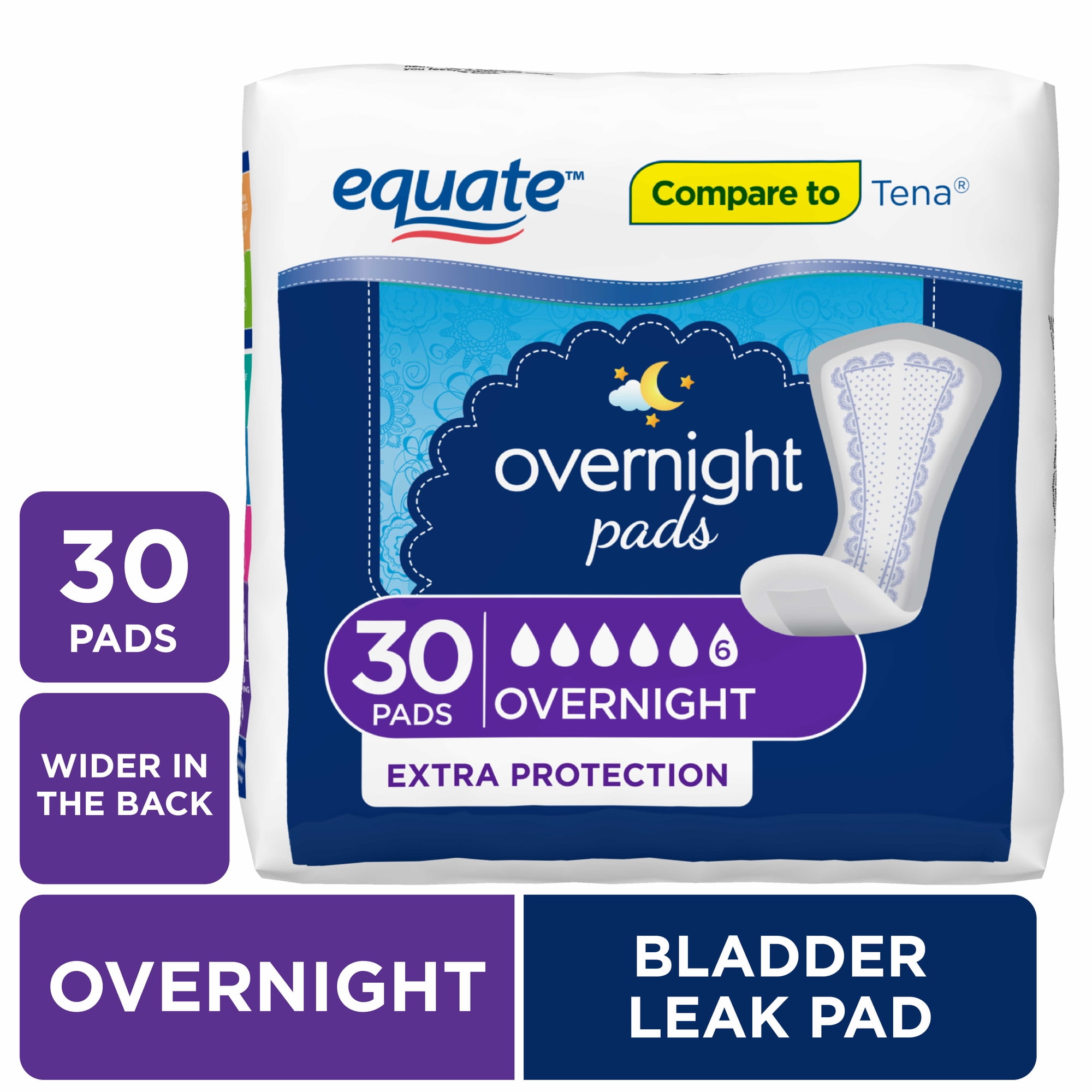 Equate Women's Overnight Incontinence Pads, Extra Protection, 30 Count