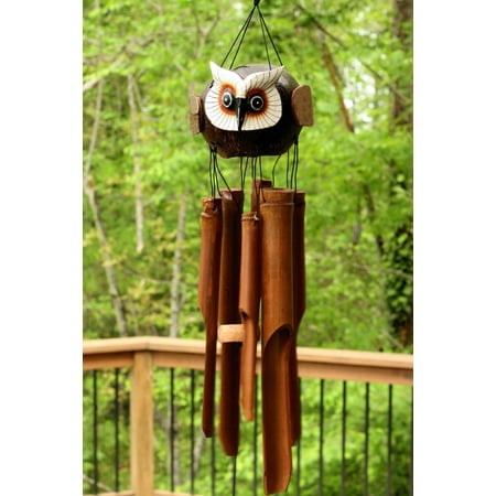 Handmade Wooden Flying Owl Bamboo Wind Chime Wood Statue Figurine Hoot Sculpture Decorative Rustic Patio Garden Outdoor Decor Handcrafted Decoration