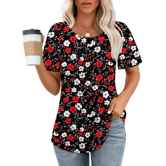 Munlar Tops For Women 2025 Pleated Red Shirts Crew Neck Loose Floral Print Short Sleeve Blouses L