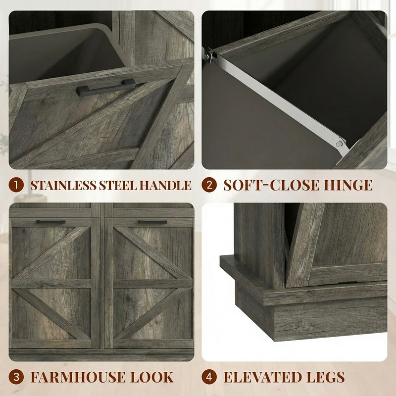 39''W Tilt Out Trash Can Storage Cabinet with 2 Drawers, Farmhouse Kitchen Island with Double 10-Gallon Trash Hidden Cabinet