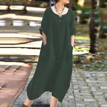 RKSTN Dresses for Women Robe Décontractée Unie à Manches Longues Col en V en Coton et Lin Robe Ample