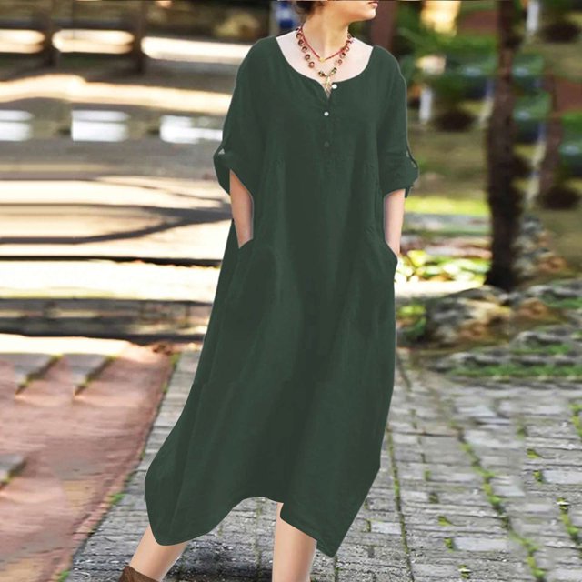 Gspmoly Robe d'Été, Robe Femme Unie Décontractée Ample à Manches Longues à Col en V en Coton et Lin, Robes Formelles pour Femmes Offres Prime