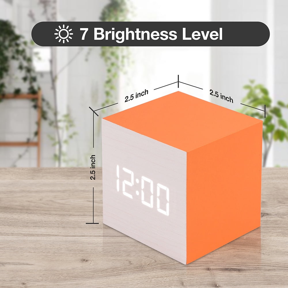 Ultra Modern Wooden LED Clock Square Cube Alarm Thermometer Timer Calendar Updated 2016 Brighter Stylish Wood Clock- White Orange
