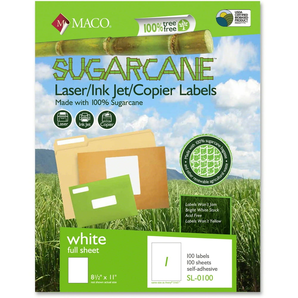 MACO Laser / Ink Jet / Copier Sugarcane Full Sheet Labels, White, 100