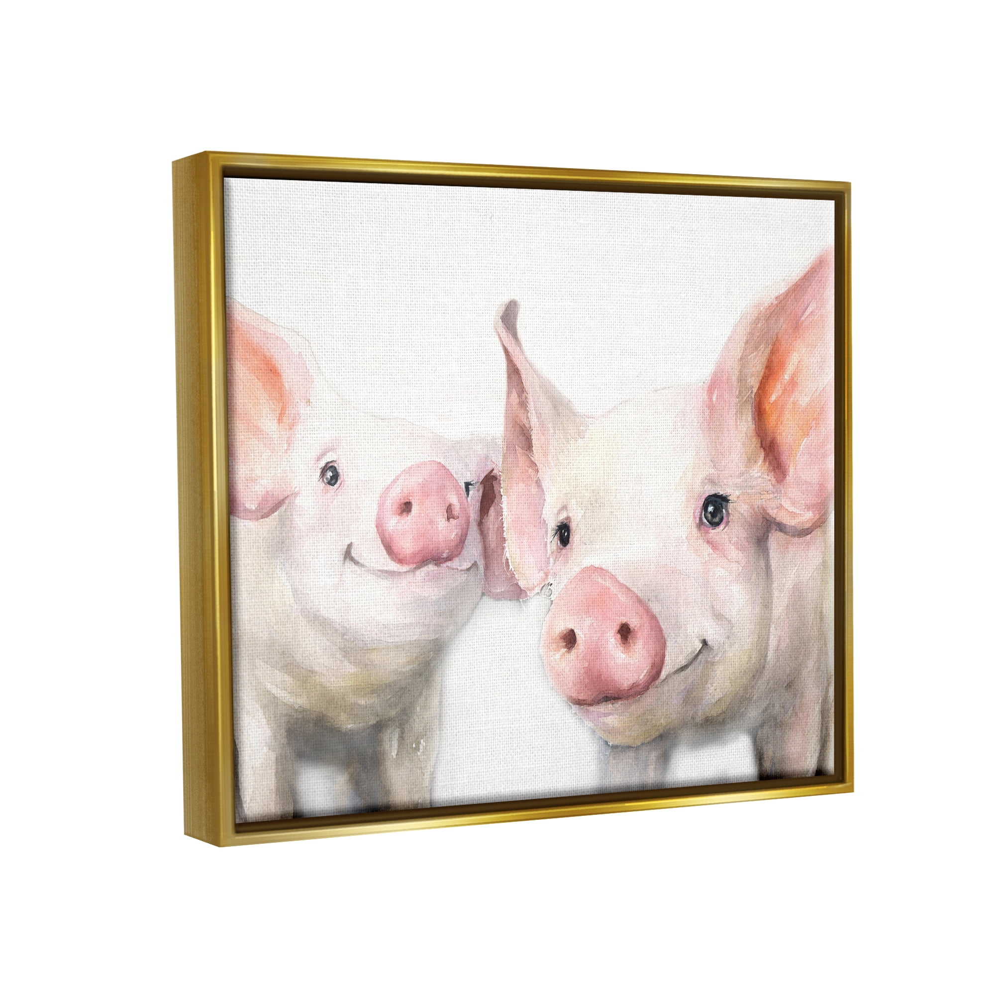 Stupell Industries Pair Pigs Pink Snout Cute Farm Animals Painting Metallic Gold Floating Framed Canvas Print Wall Art, Design by George Dyachenko