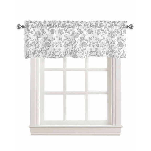 Boho Gray Flower Kitchen Valances for Windows Farmhouse Linen Window Valance Curtain for Living Room Window Treatment Vintage Farmhouse Leaf Spring Plant Valance Rod Pocket Topper Drape, 42 x 18 Inch