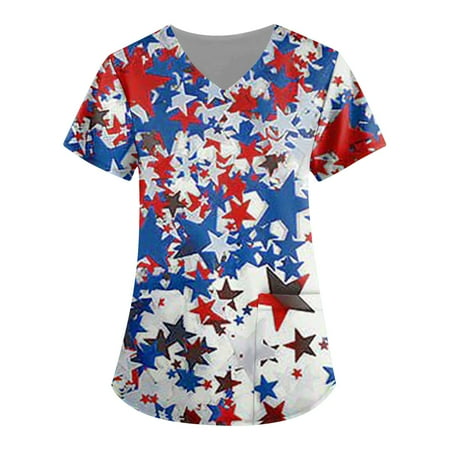 

XHJUN Scrub Tops American Flag Printed Short Sleeve V Neck Nursing Uniform 4th Of July Patterned Tshirts Scrub Tops Blue XL