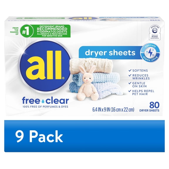 (9 pack) all free clear Fabric Softening Dryer Sheets for Sensitive Skin, Controls Static, 80 Count