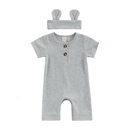 

Baby Boys Girls Summer Rompers Solid Ribbed Knitted Button Crew Neck Short Sleeve O-neck Jumpsuits Playsuits Headband Casual Outfits