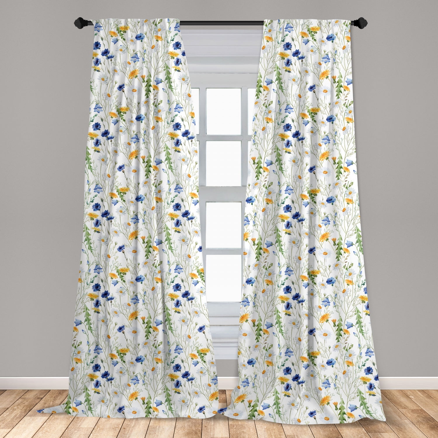 Daisy Floral Valance White Daisies Flowers on Black Cotton Duck Window Curtain