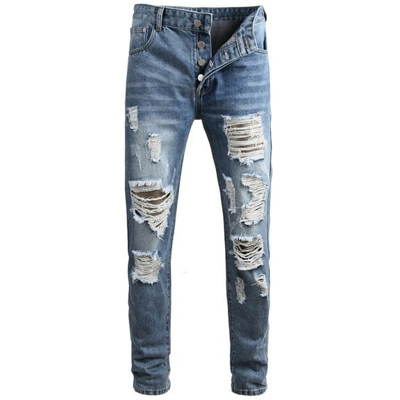 IROINNID Jean Pants For Men Medium Wash Stretch Retro Ripped Slim Beggar Jeans Rigid Waist Skinny Full-Length Solid Jean Pants