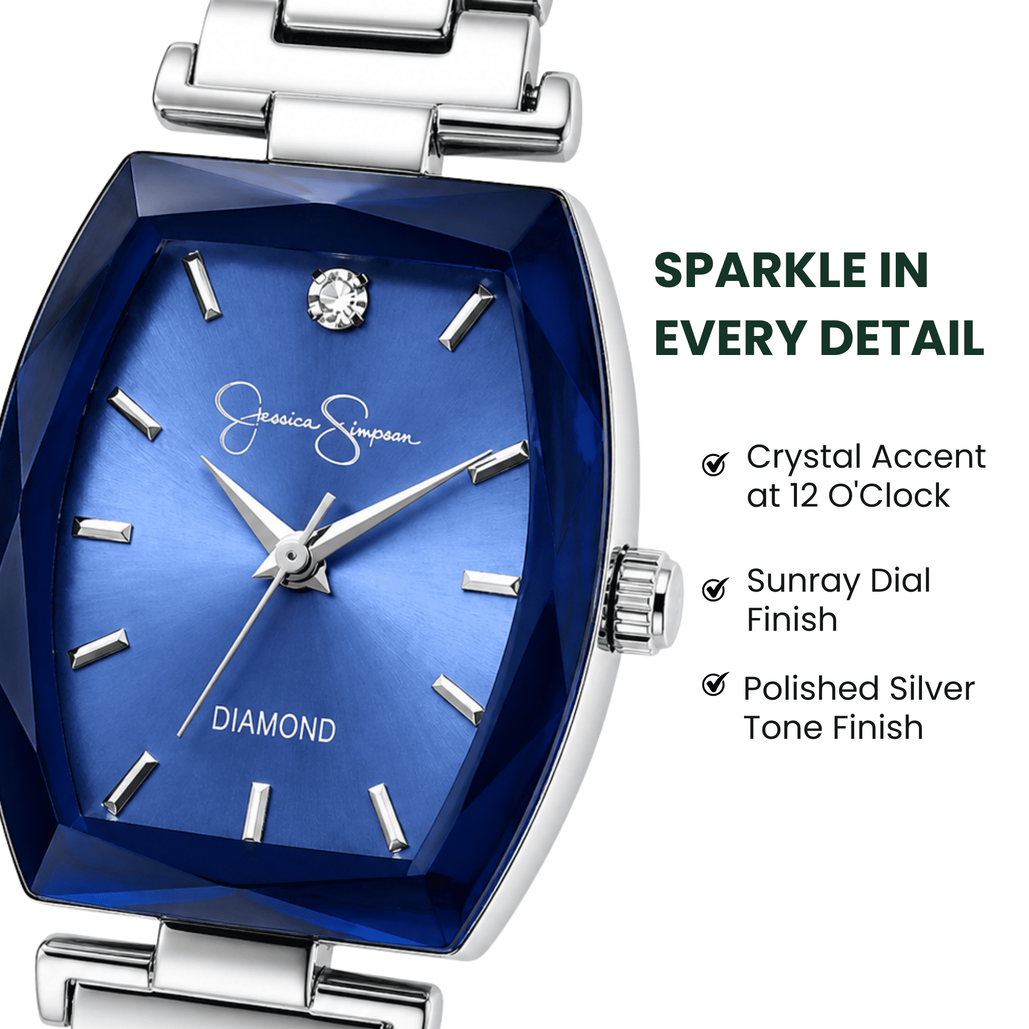 Jessica Simpson Women’s Silver Bracelet Watch, Barrel Dial with Crystal Accents, Analog Quartz Dress Watch, 24mm Case