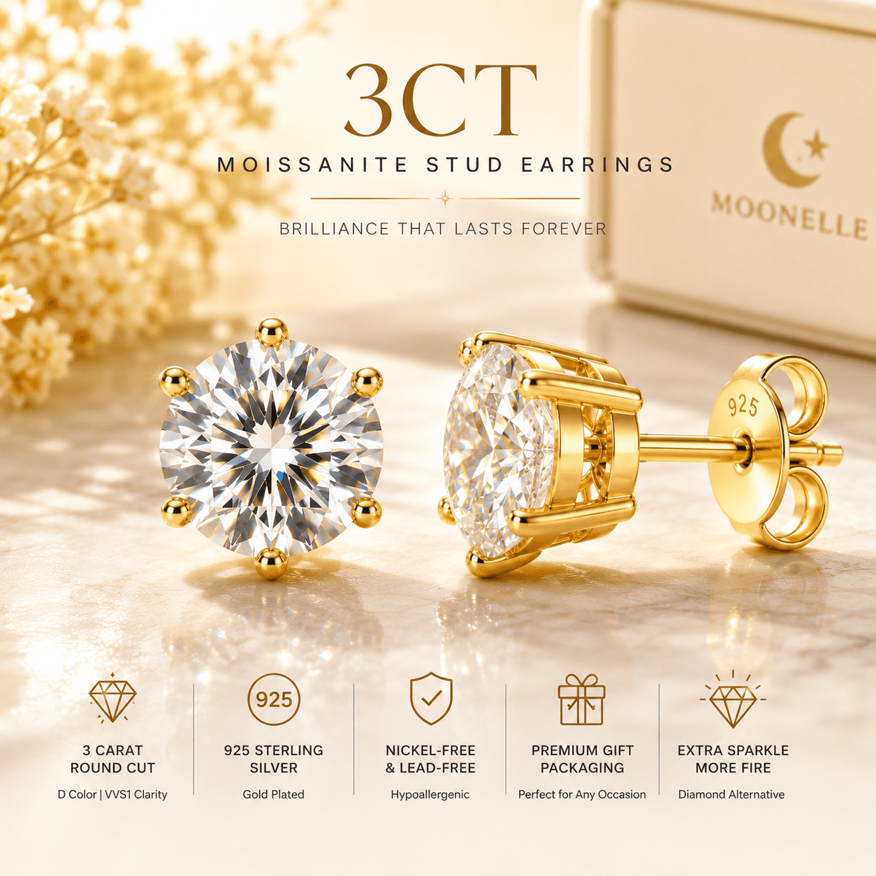 MOONELLE 3Ct Round Cut Moissanite Stud Earrings for Women, 925 Sterling Silver, Yellow Gold Plated