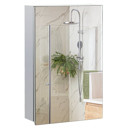 kleankin Medicine Cabinet with Mirror, Wall Mounted Bathroom Storage - 15x24" Silver - Hinged Door, Shelves for Toiletries, Living Room & Laundry