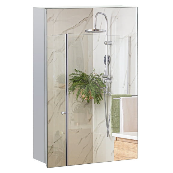 kleankin Medicine Cabinet with Mirror, Wall Mounted Bathroom Storage - 15x24" Silver - Hinged Door, Shelves for Toiletries, Living Room & Laundry