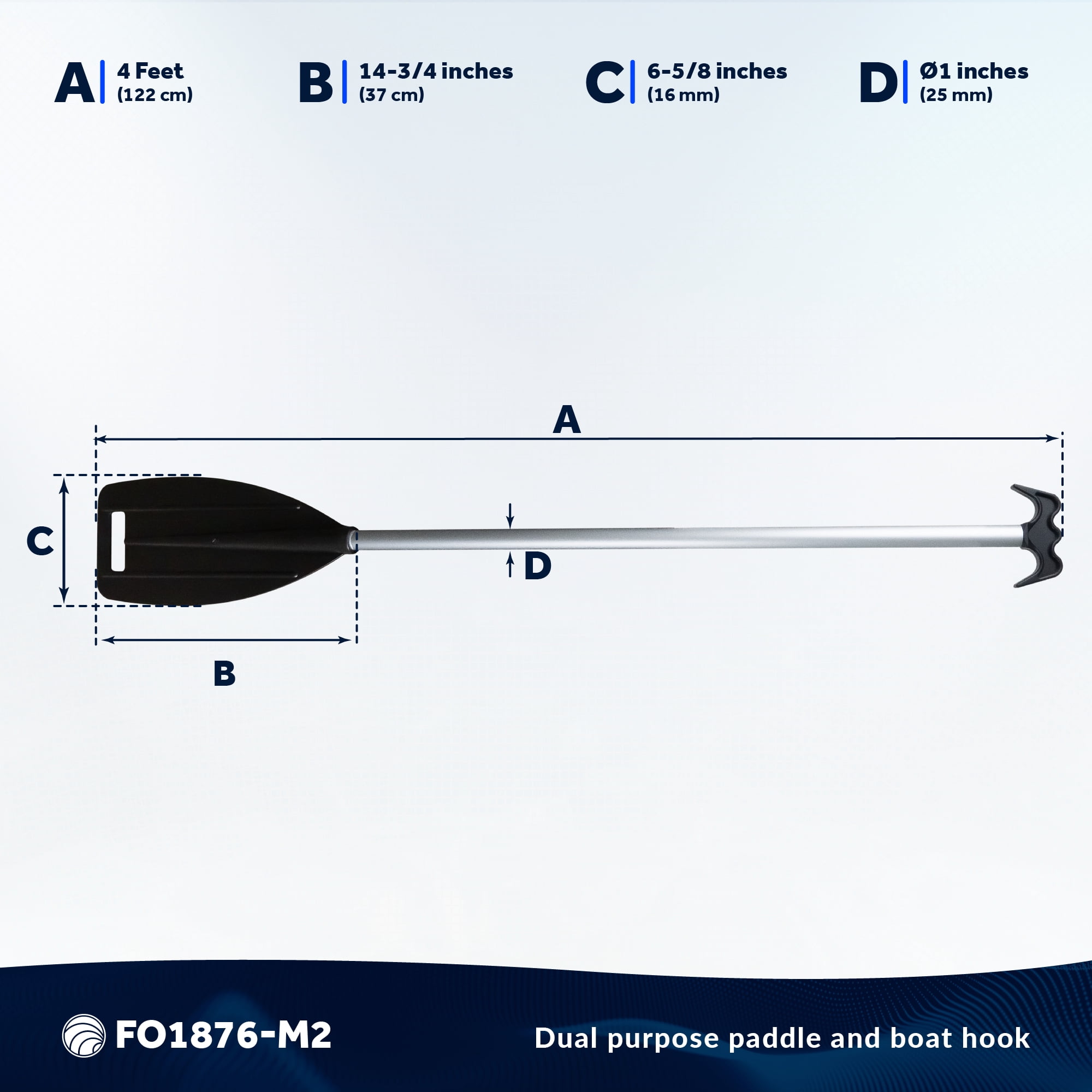 Five Oceans Canoe Paddle, 2-Pack Canoe Paddles and Boat Hook, Black, 4-Feet Long, Anodized Aluminum Shaft, Reinforced ABS Plastic Blade & Hook, Lightweight - FO1876-M2