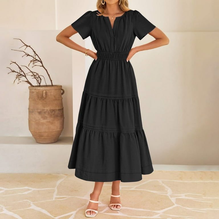 Ecqkame Summer Dress for Women A Line Empire Waist Tiered Long Dresses Sexy  Flowy V Neck Short Sleeve Dress with Pockets Black XL - Walmart.com