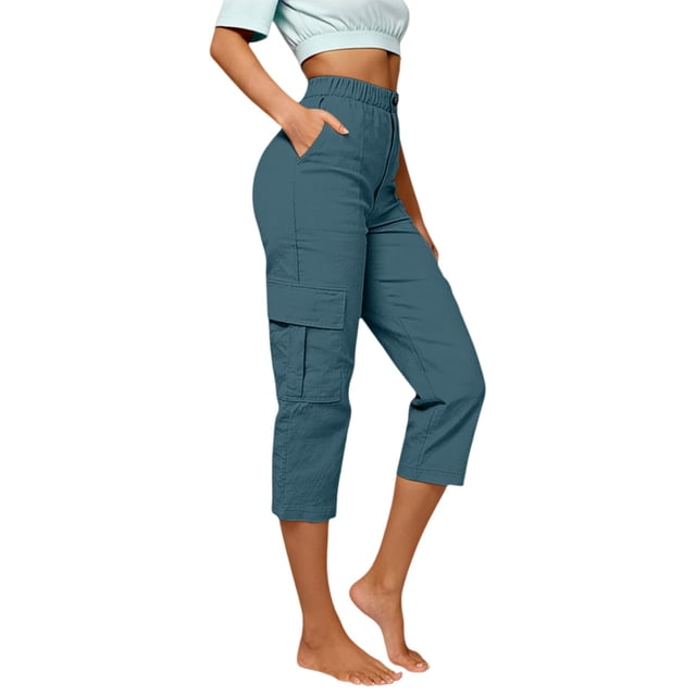 Capris pour Femmes, Yigetop Capris Cargo à Coupe Décontractée pour Femmes Pantalons de Randonnée Été Voyage Plein Air Décontractés Amples Confortables Pantalons Raccourcis Capris Cargo pour Femmes Bleu Ciel 2TG