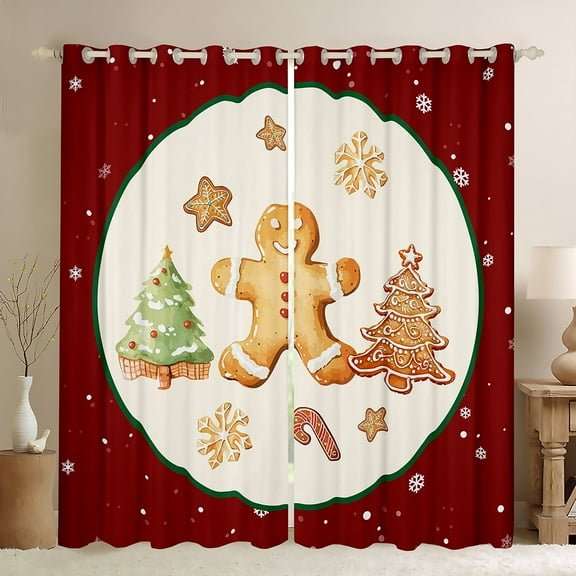 Homewish Xmas Tree Cookie Black Out Curtains,Merry Christmas Curtains Pack of 2 (42x63 Each),Kawaii Gingerbread Man Bedroom Curtains For Kids,Breathable Home Decor