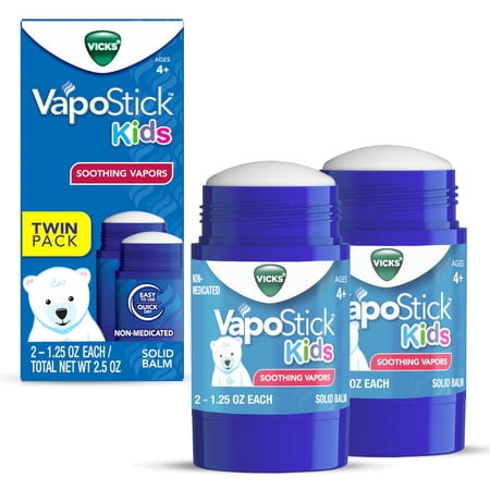 Vicks VapoStick Kids, Ages 4+, Soothing Non-Medicated Vicks Vapors, 2 x 1.25 oz Sticks