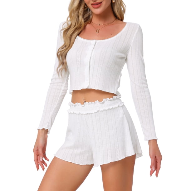 Conjunto de lounge para mujeres INSPIRE CHIC, pijamas de manga larga, camisas de botones con pantalones cortos, conjunto de 2 piezas, sets de entrenamiento Y2K, color blanco