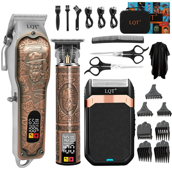 LQT Hair Clipper for Men Professional Set, Cordless Barber Clippers Precision T-Outliner Electric Foil Shaver, 7 Guide Combs, Scissors & Cape, Full Salon Grooming Kit