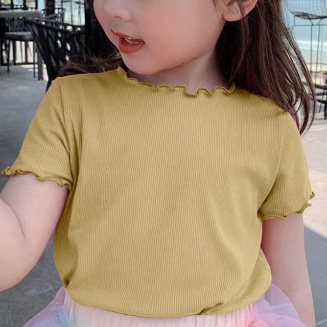 AherBiu T-Shirts Filles Manches Courtes à Volants Hauts en Coton Doux Col Rond Décontracté Couleur Unie 1-9 Ans